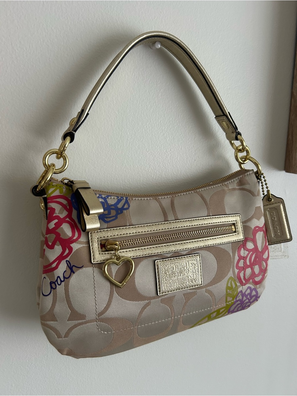 Coach Beige Signature Shoulder Bag with Pink Purple Green Floral Accents - Picture 6 of 16